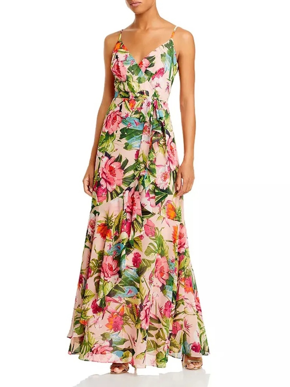 Eliza J Pink Floral Maxi Wrap Dress with Spaghetti Straps